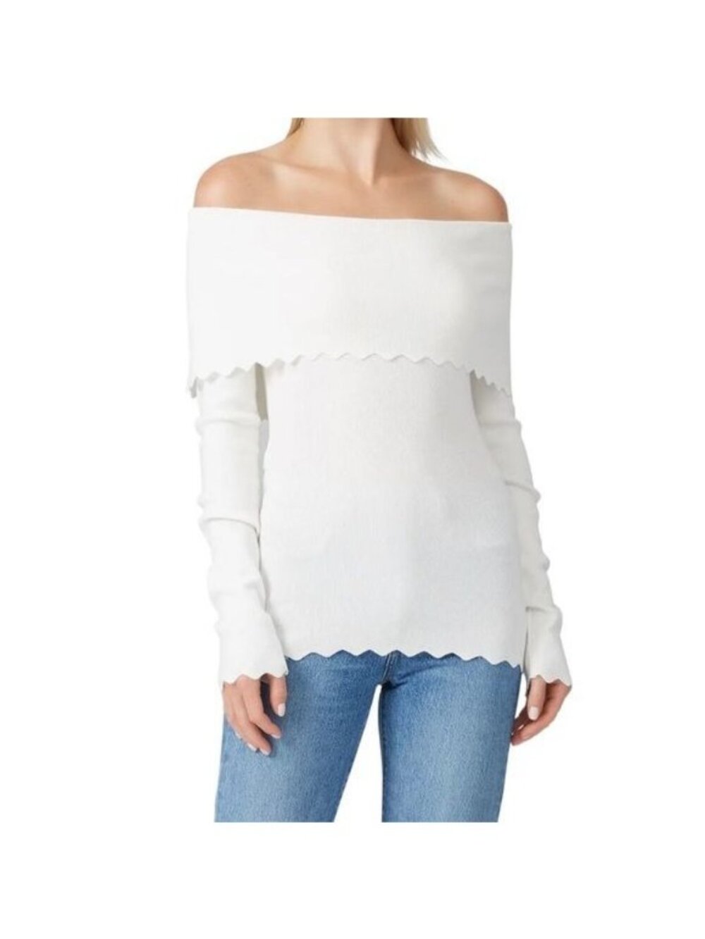 MILLY Off-Shoulder Scalloped Knit Sweater Cream White Long Sleeve Ribbed Medium